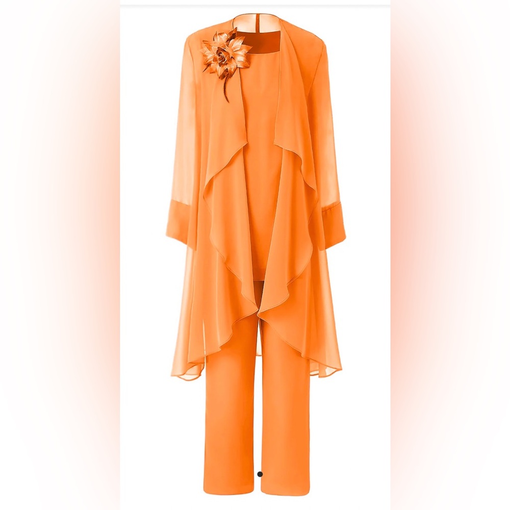 Mother of the bride dressy peach orange chiffon pant suit long sleeve jacket